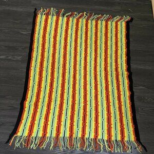Crochet Throw Afghan Blanket Textured 49.5 x 59 Green Orange Yellow Black MCM